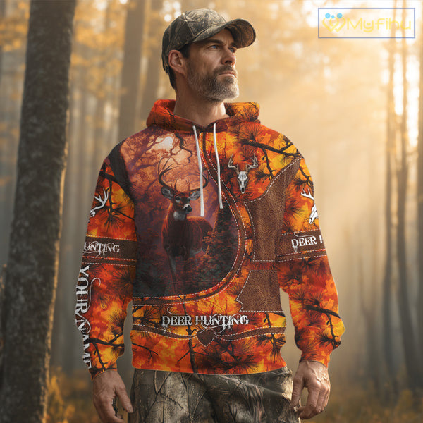 Whitetail Deer Hunting Shirt With Orange Camo Pattern And Skull Design For Hunters NHT77