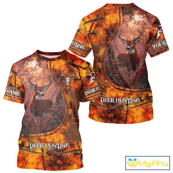 Whitetail Deer Hunting Shirt With Orange Camo Pattern And Skull Design For Hunters NHT77
