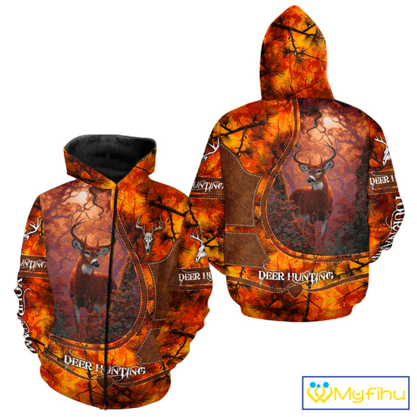 Whitetail Deer Hunting Shirt With Orange Camo Pattern And Skull Design For Hunters NHT77