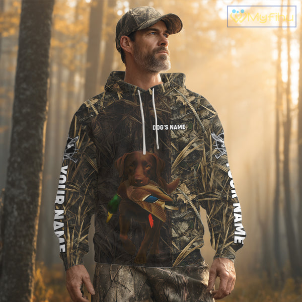Personalized Mallard Duck Hunting Shirt with Chocolate Lab, Custom Dog’s Name Camouflage NHT264