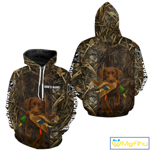 Personalized Mallard Duck Hunting Shirt with Chocolate Lab, Custom Dog’s Name Camouflage NHT264