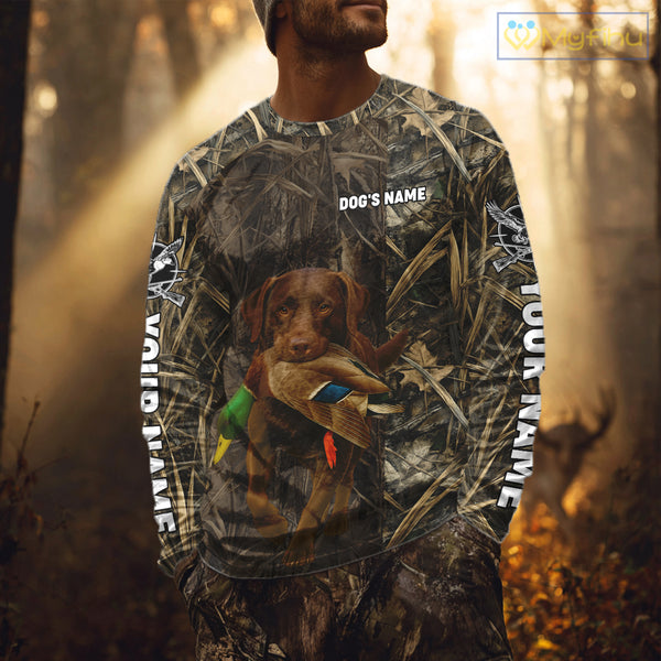 Personalized Mallard Duck Hunting Shirt with Chocolate Lab, Custom Dog’s Name Camouflage NHT264