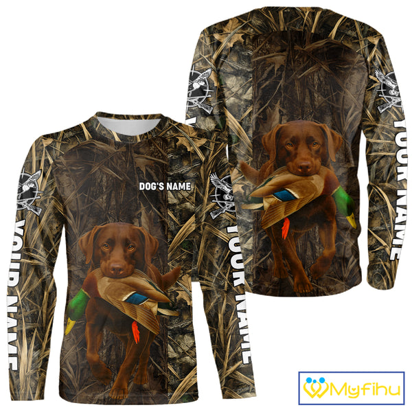 Personalized Mallard Duck Hunting Shirt with Chocolate Lab, Custom Dog’s Name Camouflage NHT264