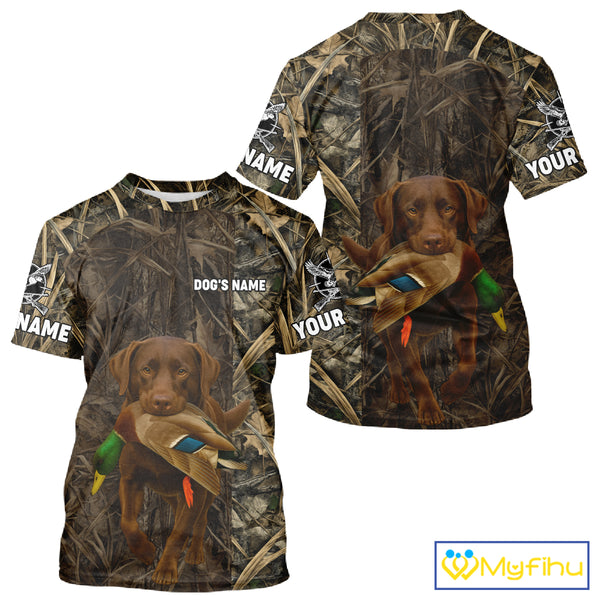 Personalized Mallard Duck Hunting Shirt with Chocolate Lab, Custom Dog’s Name Camouflage NHT264
