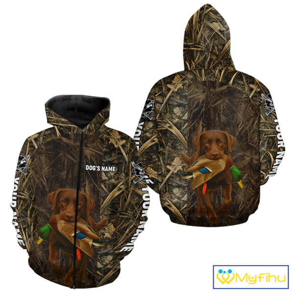 Personalized Mallard Duck Hunting Shirt with Chocolate Lab, Custom Dog’s Name Camouflage NHT264