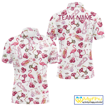 Funny Golf Polo Shirt For Mens Cherry Flamingo Golf Cart Pattern Summer Sport Top NHT841
