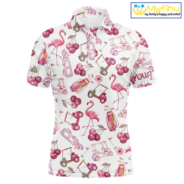 Funny Golf Polo Shirt For Mens Cherry Flamingo Golf Cart Pattern Summer Sport Top NHT841