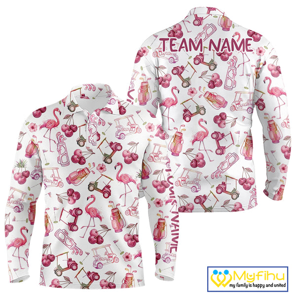 Funny Golf Polo Shirt For Mens Cherry Flamingo Golf Cart Pattern Summer Sport Top NHT841