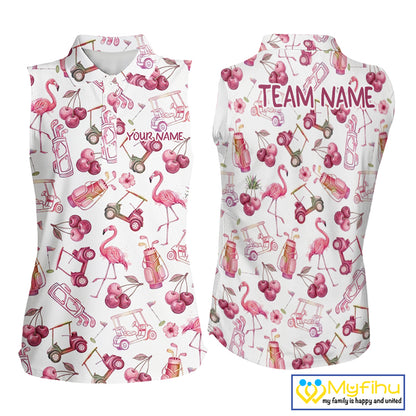 Funny Golf Polo Shirt For Womens Cherry Flamingo Sleeveless Womens Golf Cart Pattern Summer Sport Top NHT841