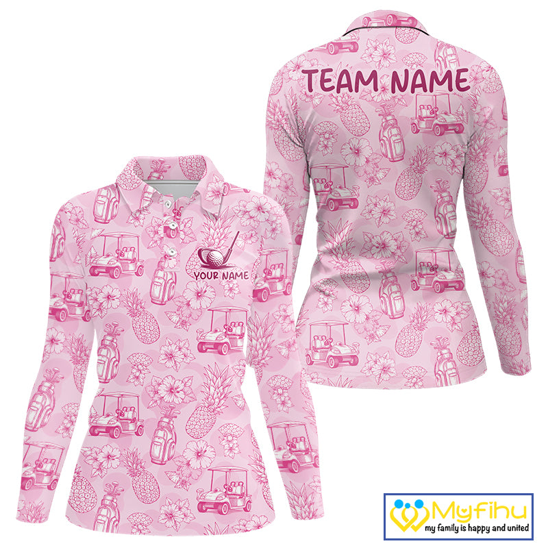 Funny Womens Golf Polo Shirt Pineapple Floral Golf Cart Pattern All Over Print Tropical Performance Top NHT842