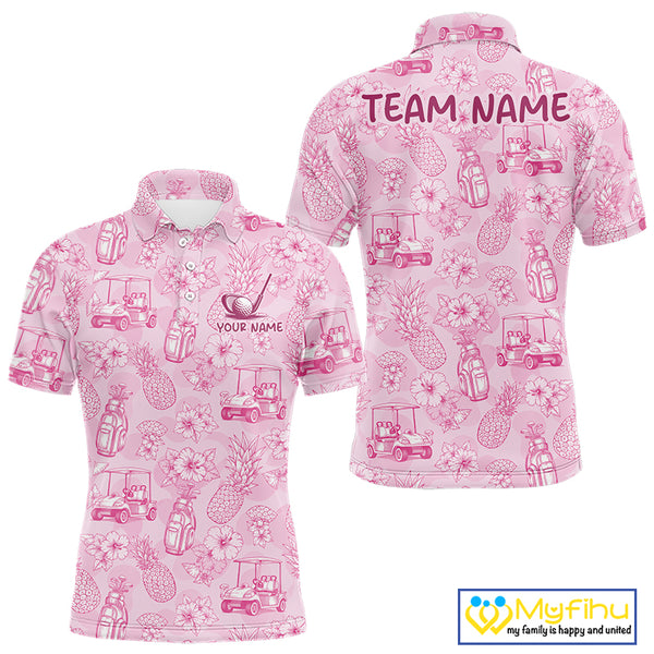 Funny Mens Golf Polo Shirt Pineapple Floral Golf Cart Pattern All Over Print Tropical Performance Top NHT842
