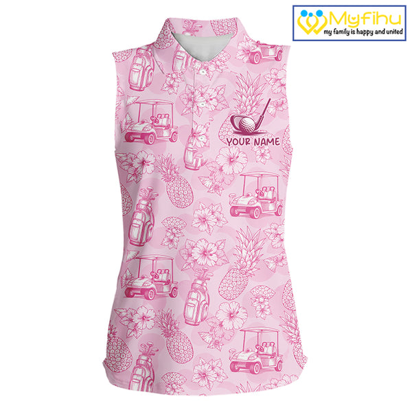 Funny Sleeveless Womens Golf Polo Shirt Pineapple Floral Golf Cart Pattern All Over Print Tropical Performance Top NHT842