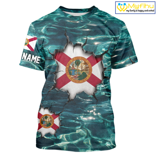Florida Flag Fish Water Camo Custom T - Shirt Fishing Shirts, Performance Fishing Shirts For Men NHT847