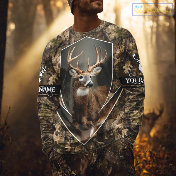 Deer Hunting Full Forest Camo 3D Printing Custom Name Shirts, Whitetail Deer Hunting Shirts NHT189