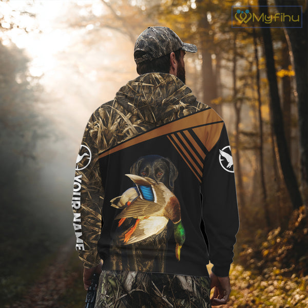 Black Mallard Duck Hunting Shirt With Black Lab Dog, Personalized Hunting Clothes NHT193