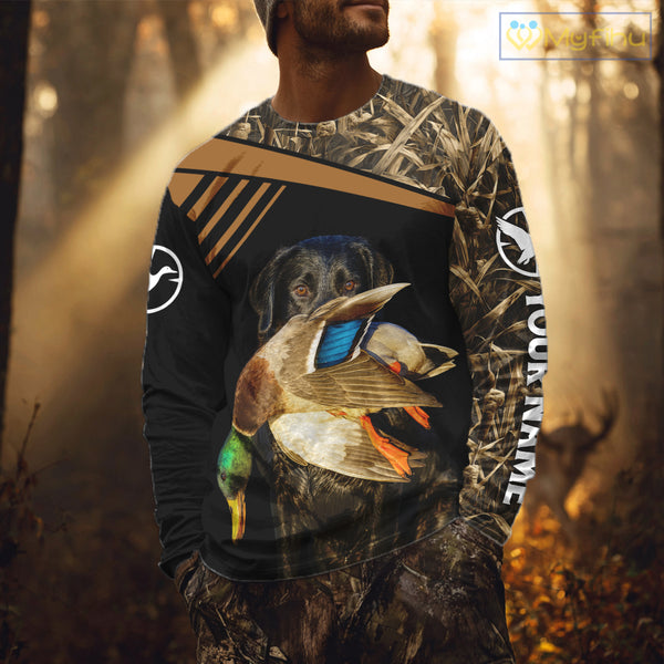 Black Mallard Duck Hunting Shirt With Black Lab Dog, Personalized Hunting Clothes NHT193