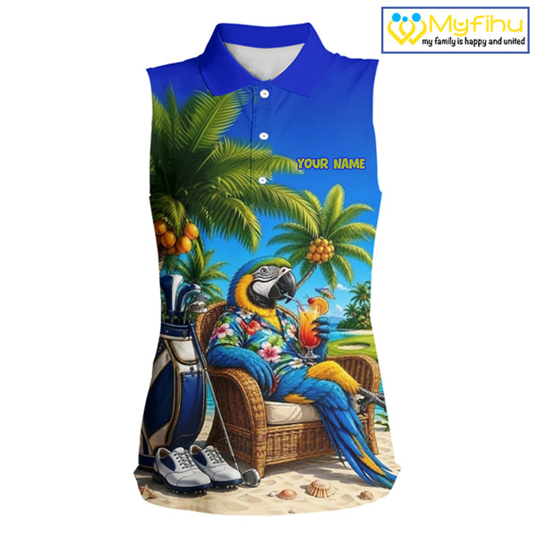 Custom Team Name Tropical Sleeveless Women Golf Polo Shirt – Funny Macaw Parrot Beach Golf Shirt For Womens NHT859