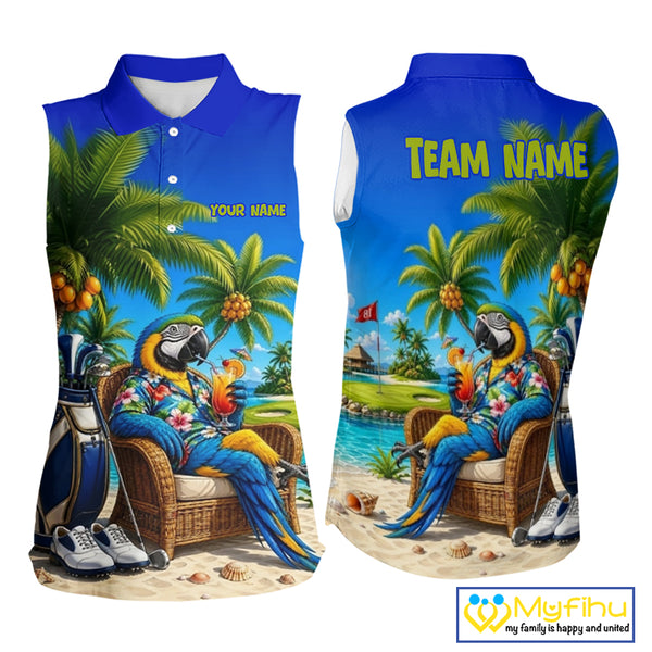 Custom Team Name Tropical Sleeveless Women Golf Polo Shirt – Funny Macaw Parrot Beach Golf Shirt For Womens NHT859