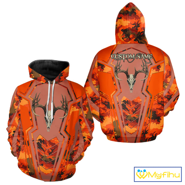 Deer Hunting Shirt Orange Camo 3D All Over Print Buck Head Custom Name Hunting Clothes NHT87