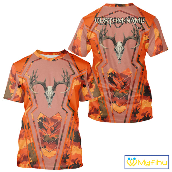 Deer Hunting Shirt Orange Camo 3D All Over Print Buck Head Custom Name Hunting Clothes NHT87