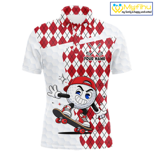 Mens Golf Polo Shirt Argyle Pattern Golf Shirts For Mens Funny Golf Ball Shirt Gifts|Red  NHT861