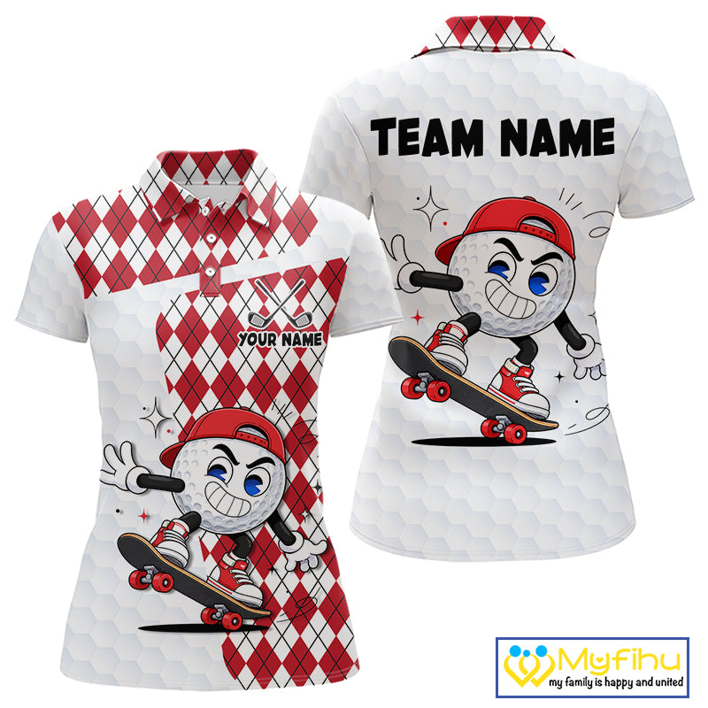 Womens Golf Polo Shirt Argyle Pattern Golf Shirts For Womens Funny Golf Ball Shirt Gifts|Red  NHT861