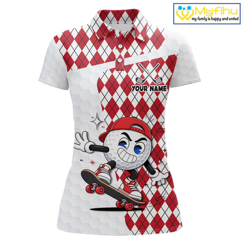 Womens Golf Polo Shirt Argyle Pattern Golf Shirts For Womens Funny Golf Ball Shirt Gifts|Red  NHT861