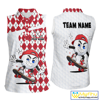 Sleeveless Women Golf Polo Shirt Argyle Pattern Golf Shirts For Womens Funny Golf Ball Shirt Gifts|Red  NHT861