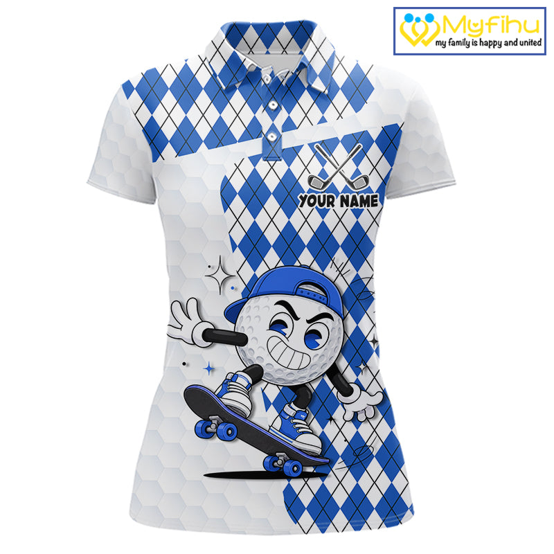 Womens Golf Polo Shirt Argyle Pattern Golf Shirts For Womens Funny Golf Ball Shirt Gifts|Blue NHT862