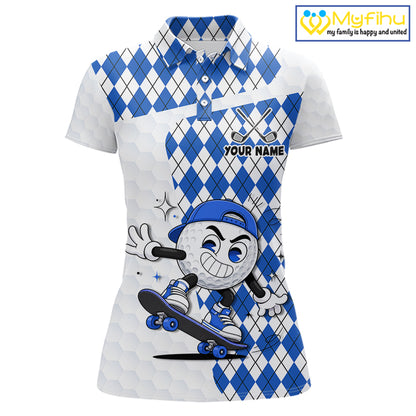 Womens Golf Polo Shirt Argyle Pattern Golf Shirts For Womens Funny Golf Ball Shirt Gifts|Blue NHT862