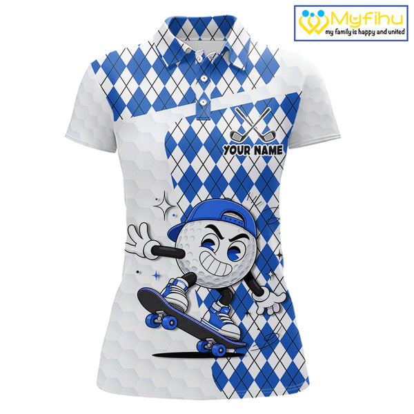 Womens Golf Polo Shirt Argyle Pattern Golf Shirts For Womens Funny Golf Ball Shirt Gifts|Blue NHT862