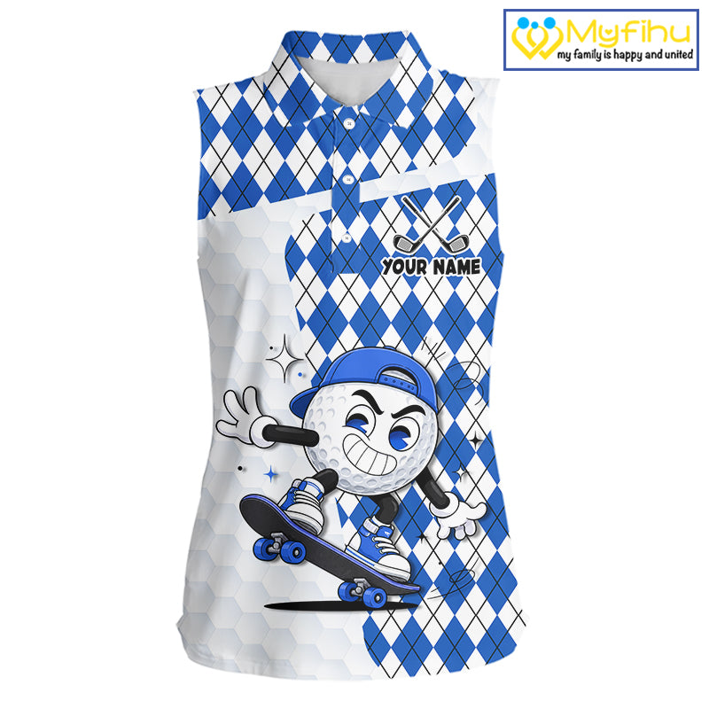 Sleeveless Women Golf Polo Shirt Argyle Pattern Golf Shirts For Womens Funny Golf Ball Shirt Gifts|Blue NHT862