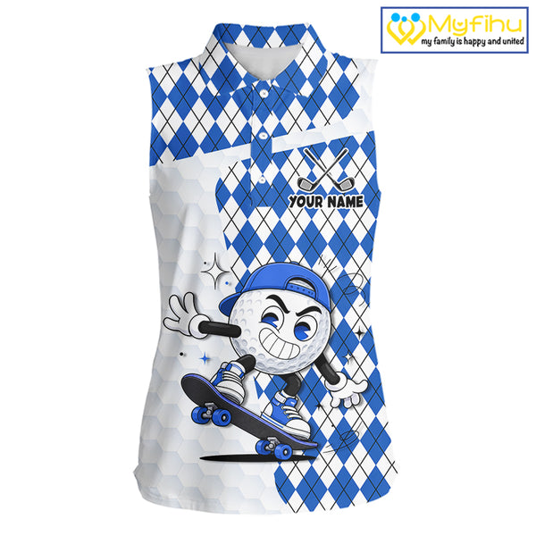 Sleeveless Women Golf Polo Shirt Argyle Pattern Golf Shirts For Womens Funny Golf Ball Shirt Gifts|Blue NHT862