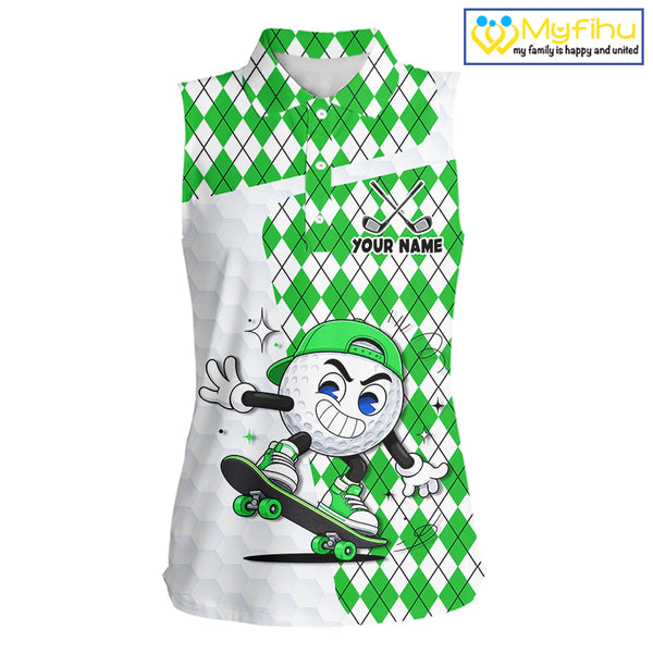 Sleeveless Women Golf Polo Shirt Argyle Pattern Golf Shirts For Womens Funny Golf Ball Shirt Gifts|Green NHT863