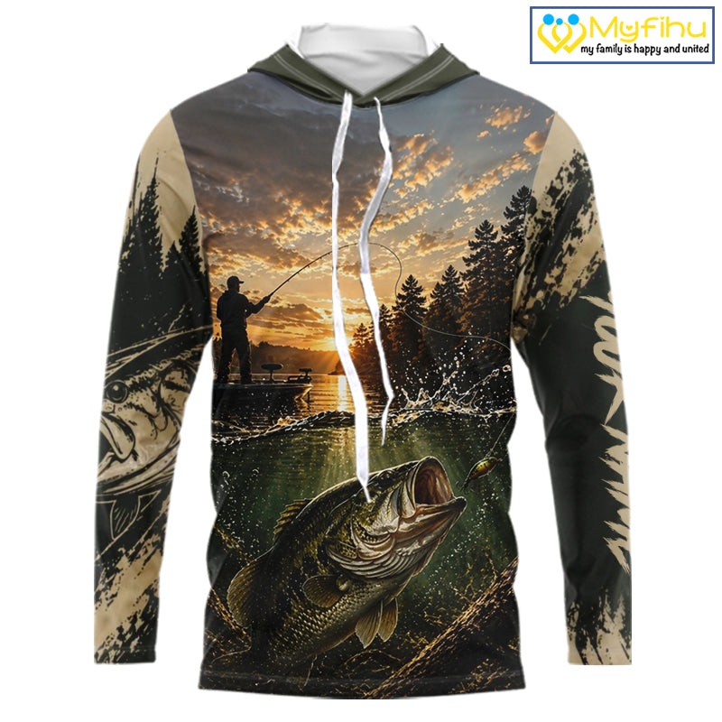 Personalized Bass Hooded Fishing Shirt – Angler Sunset Lake Design, Outdoor Fishing Apparel Gift For Dad NHT866