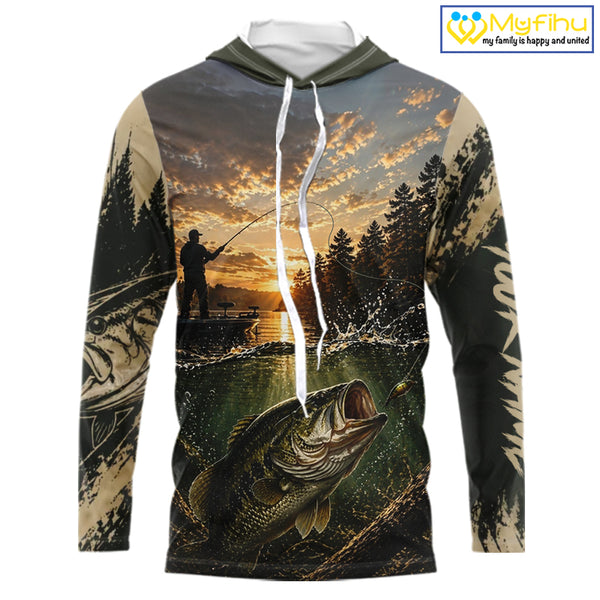 Personalized Bass Hooded Fishing Shirt – Angler Sunset Lake Design, Outdoor Fishing Apparel Gift For Dad NHT866