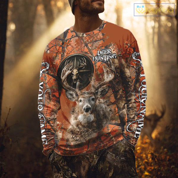 Deer Hunting Shirt Compass Design Orange Camo Custom Name Head Deer Hunting Clothes NHT282