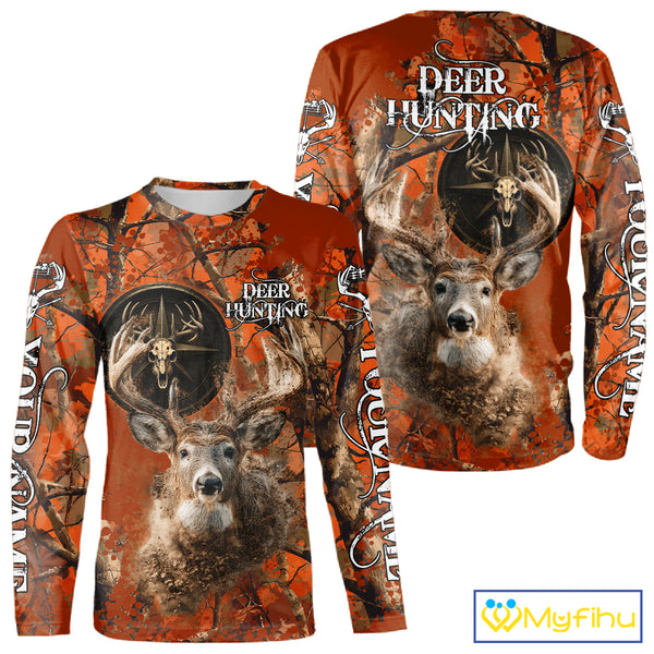 Deer Hunting Shirt Compass Design Orange Camo Custom Name Head Deer Hunting Clothes NHT282
