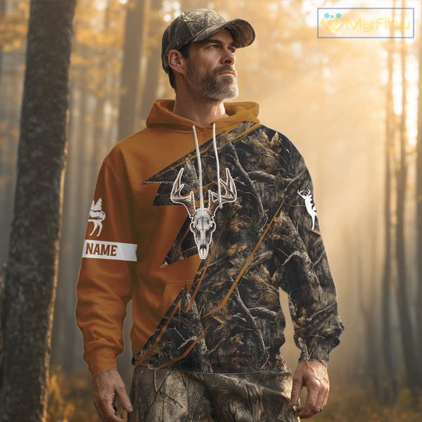 Beautiful Deer Hunting Orange Camo Deer Skull Full Printing Custom Name Shirts Hunting Gifts NHT199