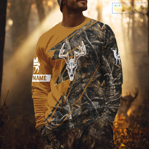 Beautiful Deer Hunting Orange Camo Deer Skull Full Printing Custom Name Shirts Hunting Gifts NHT199