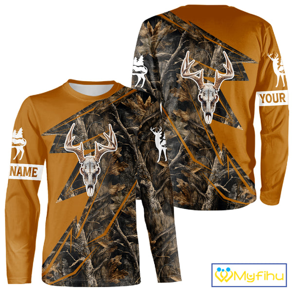 Beautiful Deer Hunting Orange Camo Deer Skull Full Printing Custom Name Shirts Hunting Gifts NHT199
