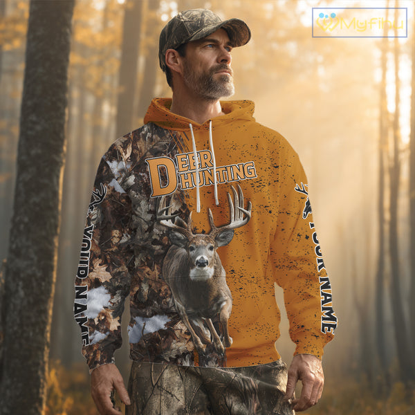 Hunting Shirt with Running Deer Design – Blaze Orange Camo Custom Name 3D Print NHT288