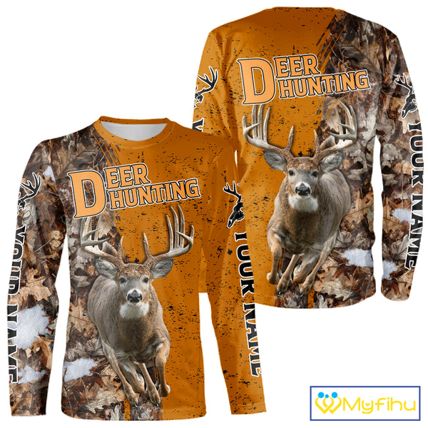 Hunting Shirt with Running Deer Design – Blaze Orange Camo Custom Name 3D Print NHT288