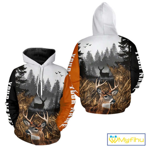 Whitetail Deer Hunting Shirt  – Blaze Orange Camo Black Custom Name 3D Print NHT290