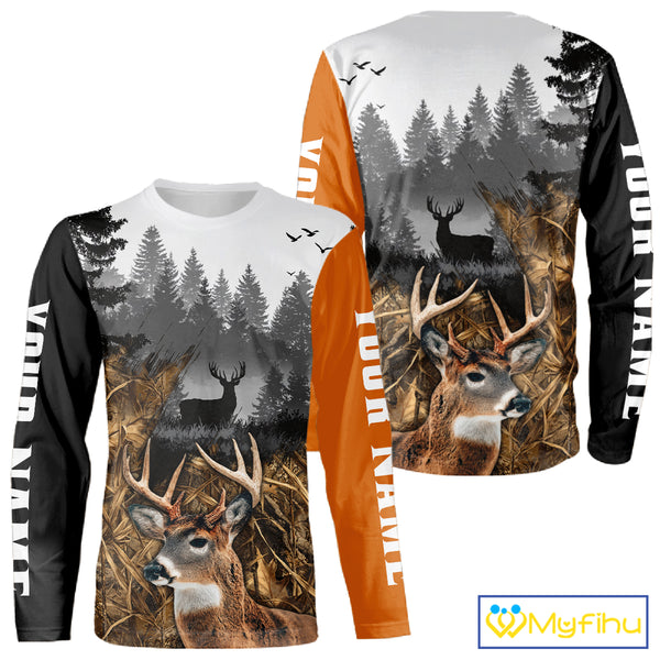 Whitetail Deer Hunting Shirt  – Blaze Orange Camo Black Custom Name 3D Print NHT290