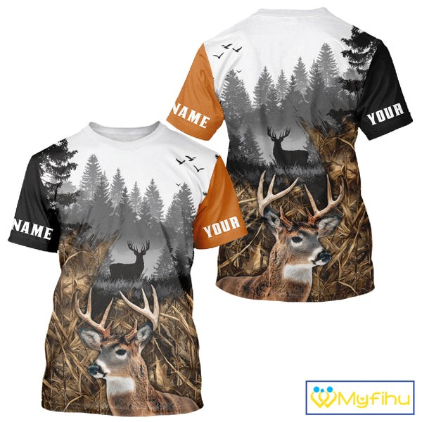 Whitetail Deer Hunting Shirt  – Blaze Orange Camo Black Custom Name 3D Print NHT290