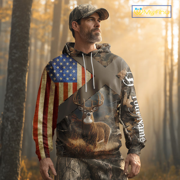 American Flag Deer Hunting Hoodie For Men – 3D Whitetail Buck Camo NHT336