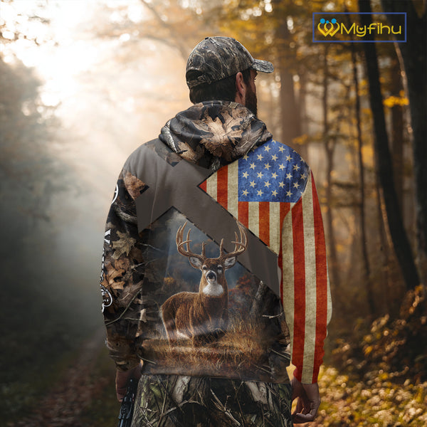 American Flag Deer Hunting Hoodie For Men – 3D Whitetail Buck Camo NHT336