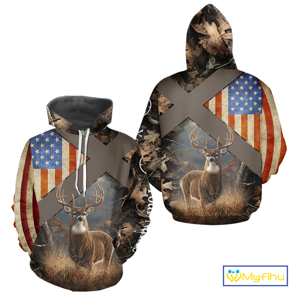 American Flag Deer Hunting Hoodie For Men – 3D Whitetail Buck Camo NHT336