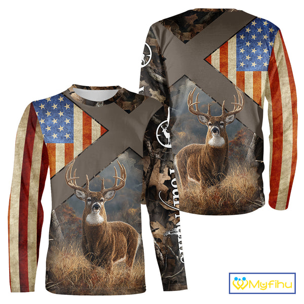 American Flag Deer Hunting Hoodie For Men – 3D Whitetail Buck Camo NHT336